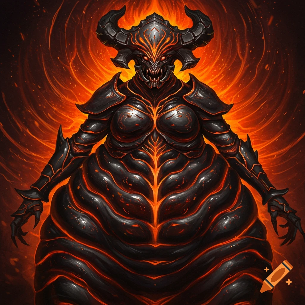 A dark fantasy image of a monstrous armored creature with horns glowing with fire against a fiery background.