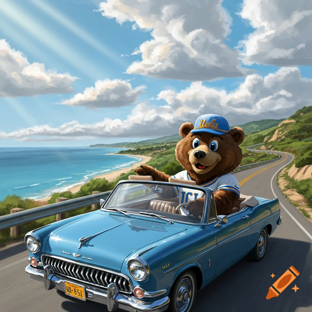 A bear mascot in a UCLA cap drives a blue convertible car on a winding coastal road.