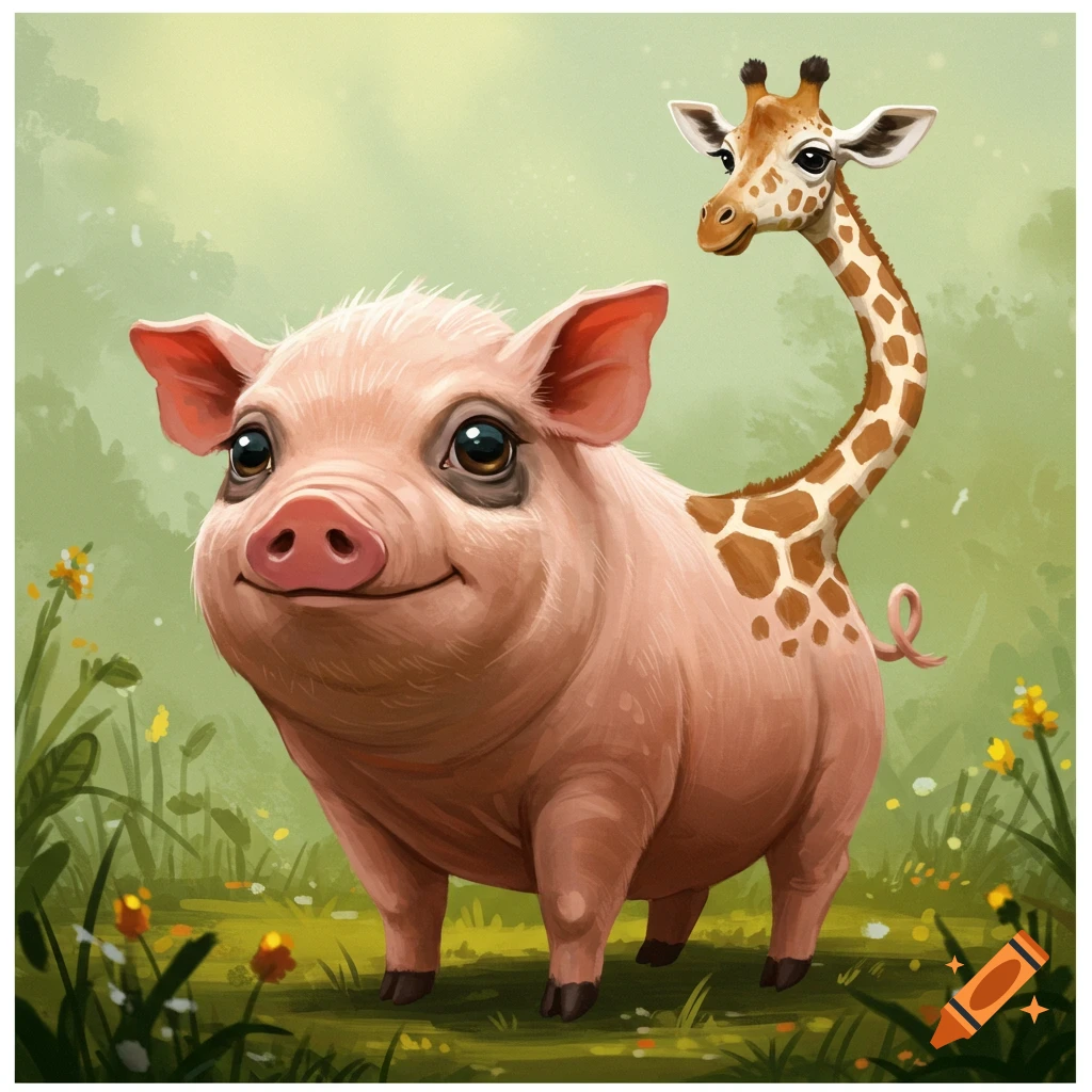 A cute pig and giraffe hybrid standing in a field of flowers.