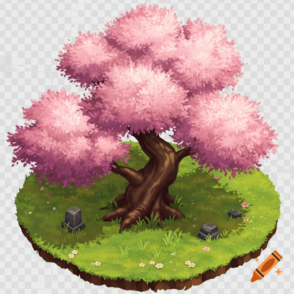 A cherry blossom tree on a small floating island of grass with rocks and flowers, with a transparent background.