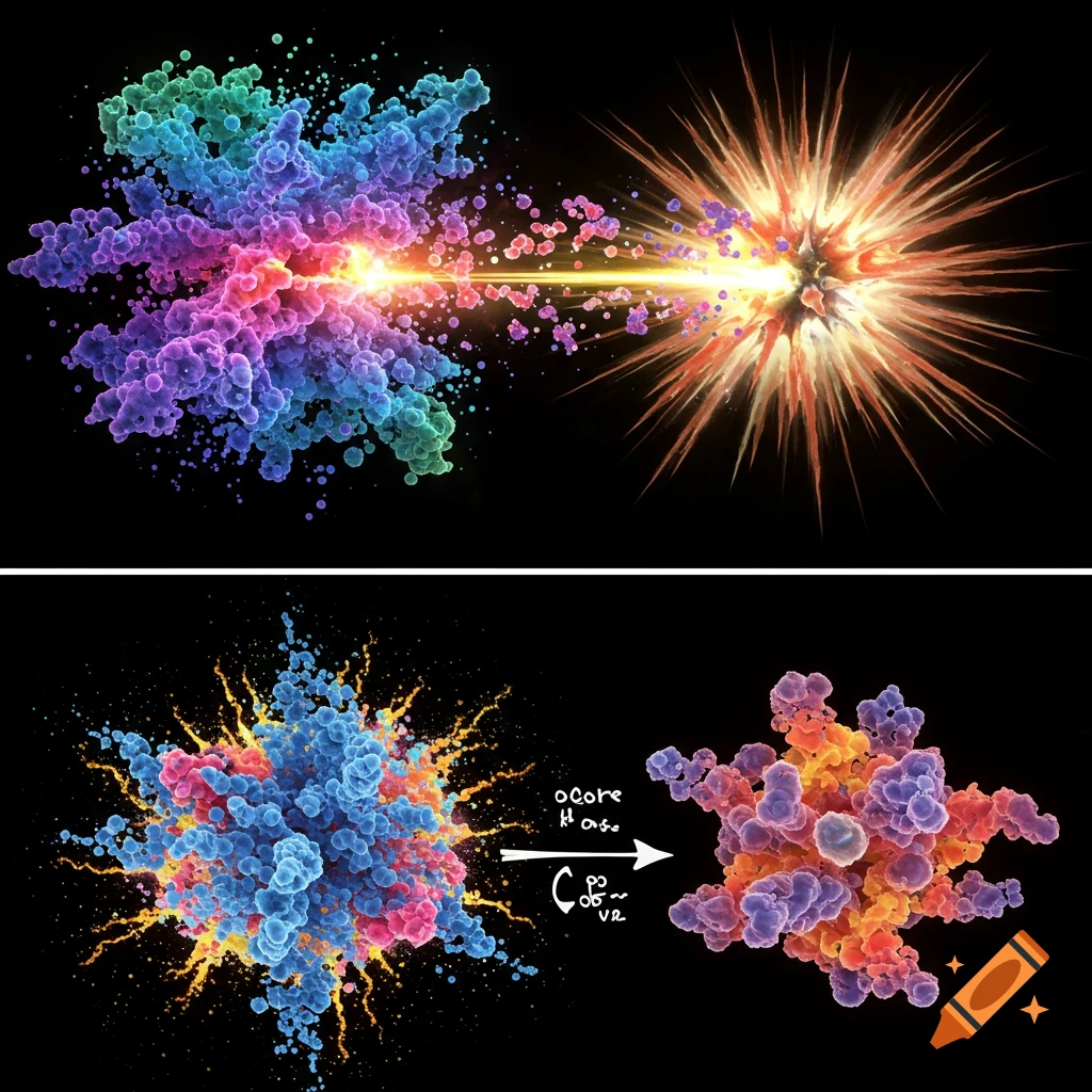 Two panels showing abstract particle collisions and reaction stages.