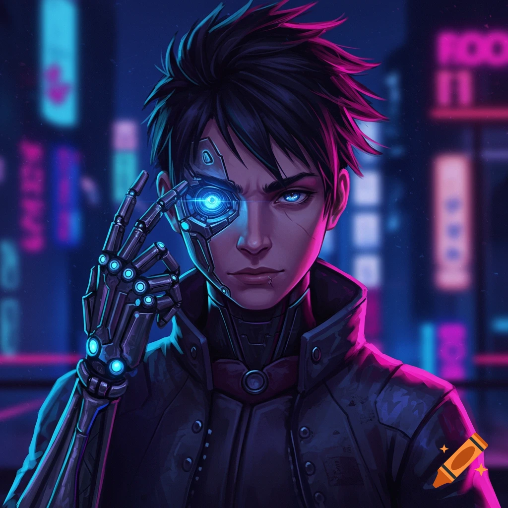A character with a cybernetic eye and hand is in a neon cyberpunk city.