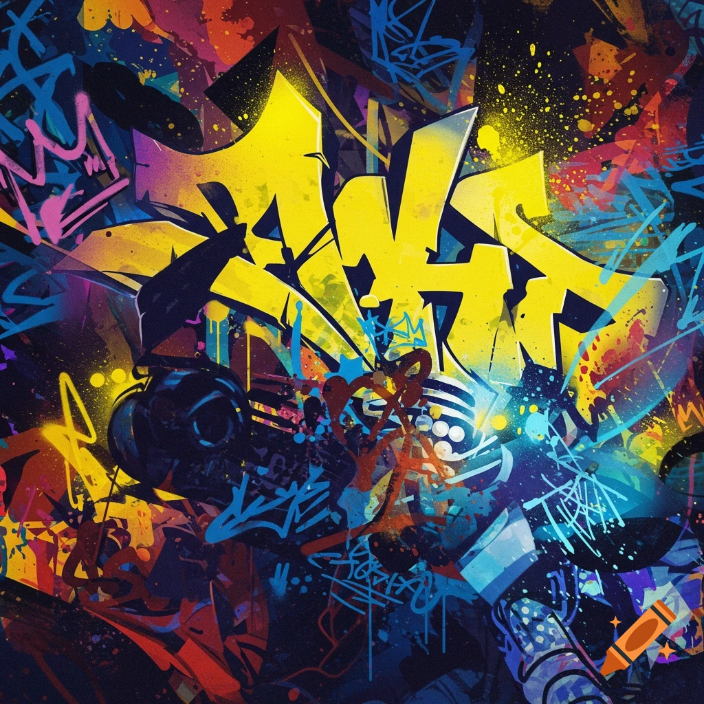 Vibrant abstract graffiti style painting with yellow letters and splatters.