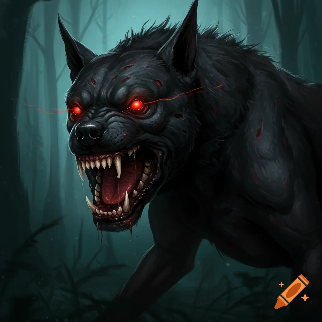A scary black dog with glowing red eyes and bared teeth in a dark forest.
