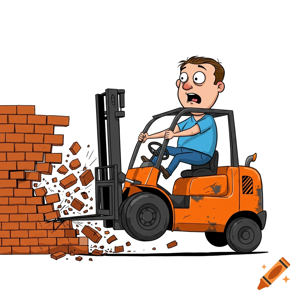 Cartoon of a man in a forklift crashing through a brick wall