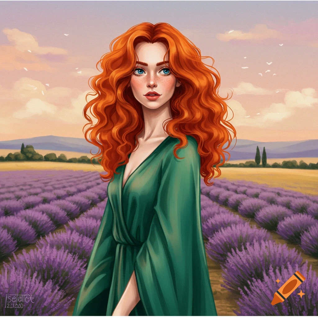A red-haired woman in a green dress stands in a lavender field at sunset.