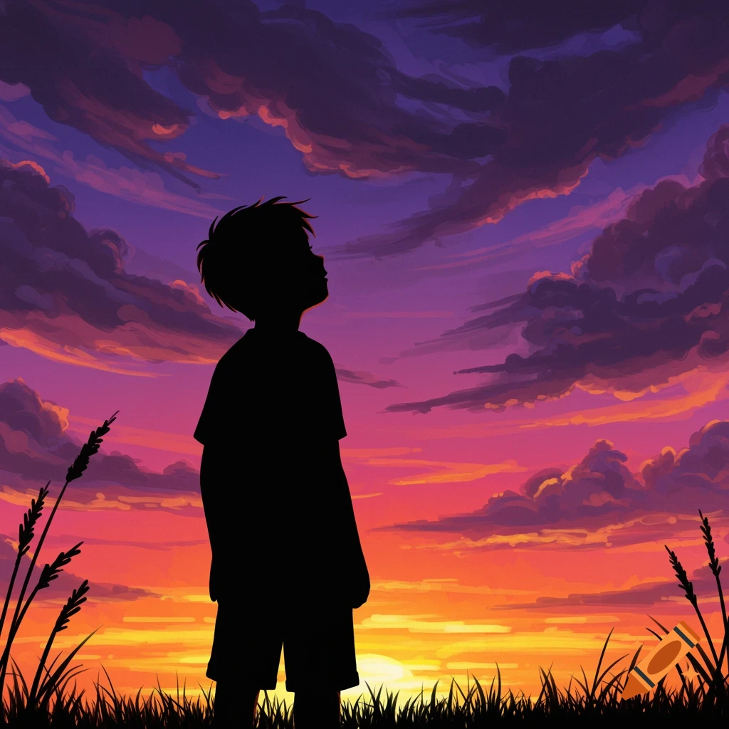 Silhouette of a boy in a field watching a vibrant sunset sky.