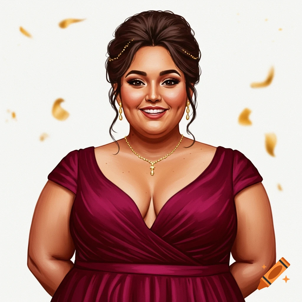A woman with a smile on her face is wearing a red dress and jewelry.