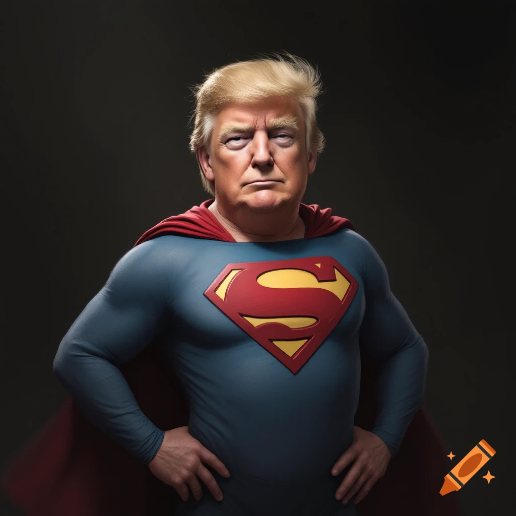 Donald Trump wears a Superman costume and cape, standing with hands on hips. Photorealistic portrait.