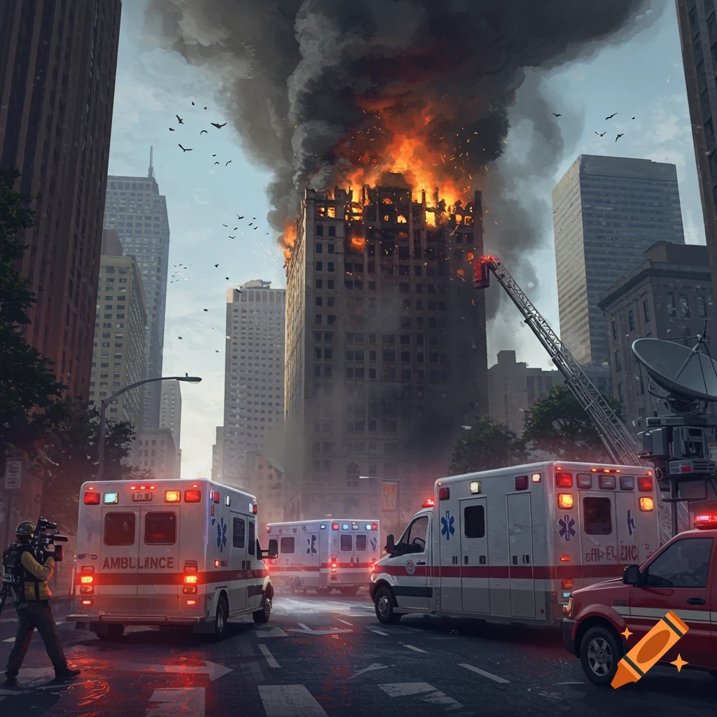 A burning building in a city with ambulances and a fire truck on the street.