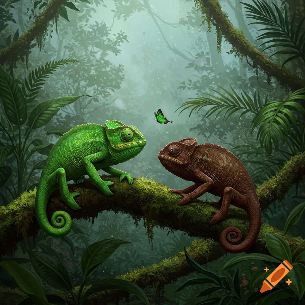 Green and brown chameleons on a mossy branch in a jungle, looking at a green butterfly.