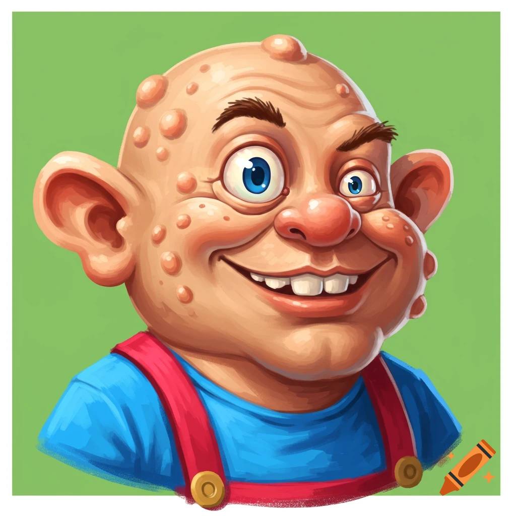 A cartoon character with bumps on his head and overalls, smiling.
