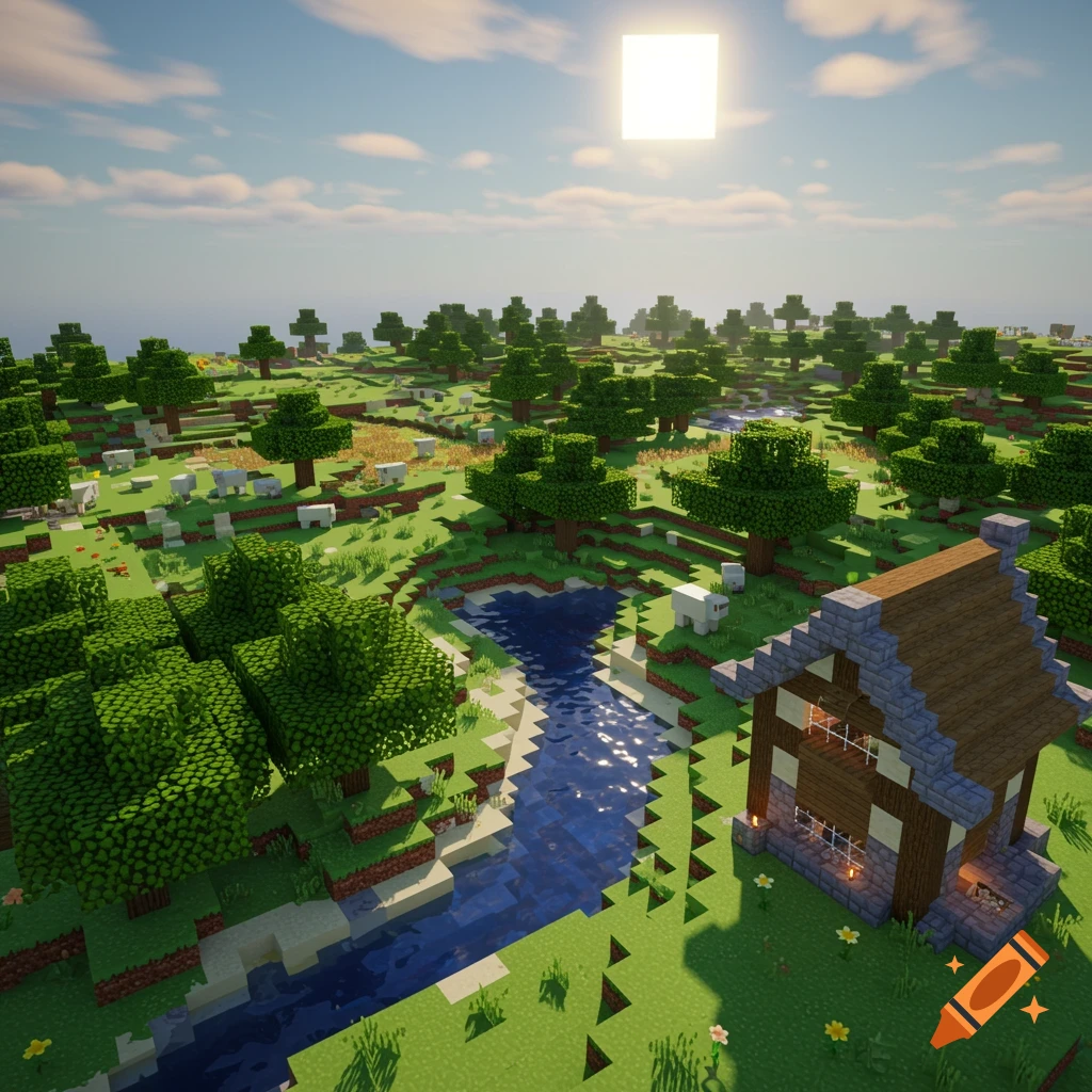Minecraft landscape with a house, river, trees, sheep, and sun in a pixelated style