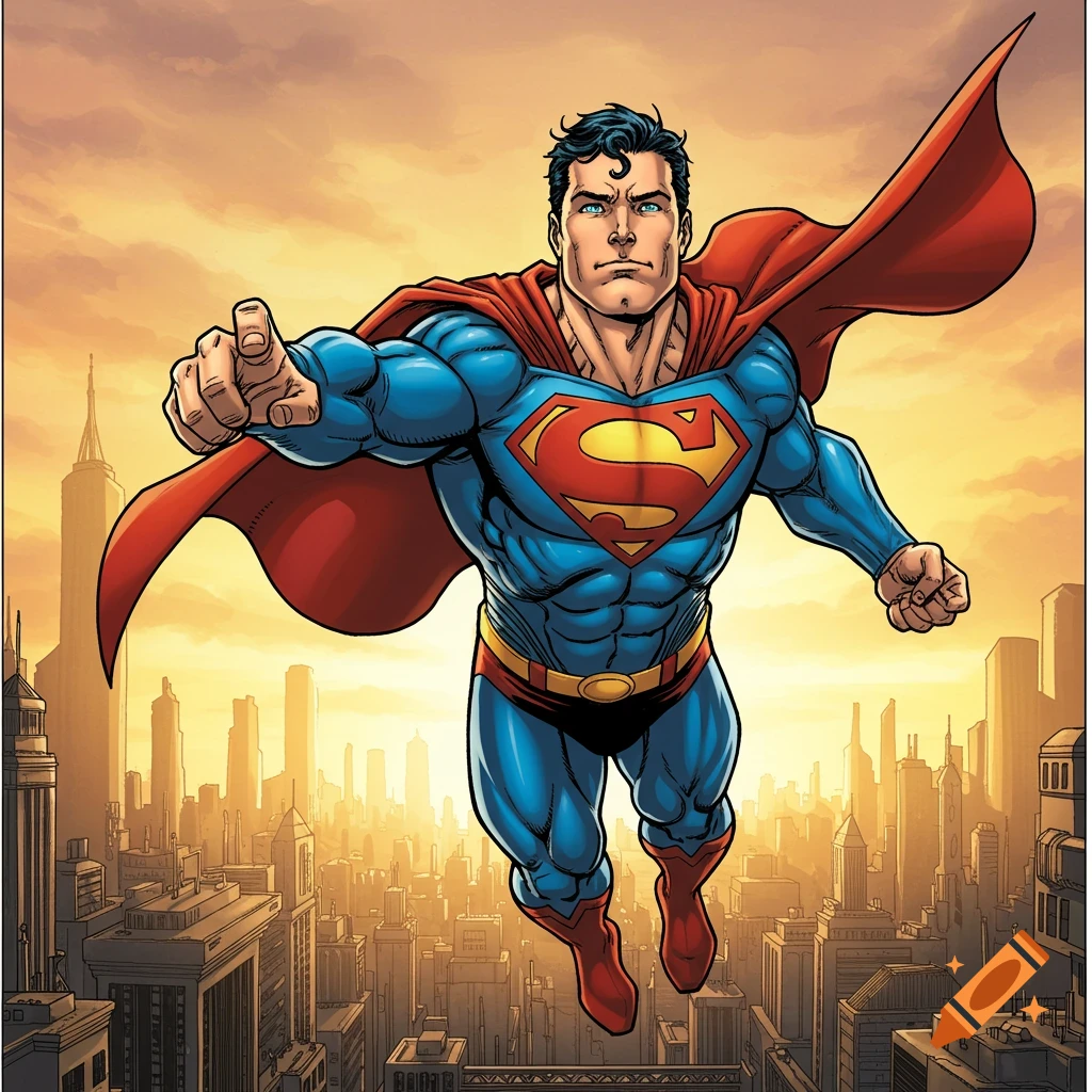 Superman flies high over a city skyline.