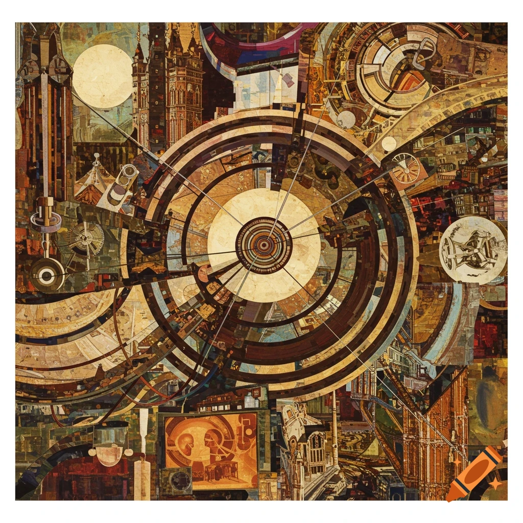 Abstract collage painting with architectural and mechanical elements in brown and gold tones.