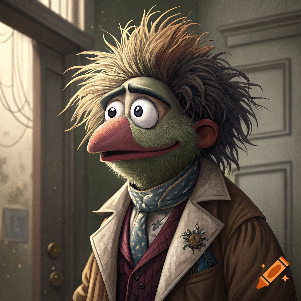 A muppet character resembling Blixa Bargeld, wearing a suit and spiky hair, standing indoors.