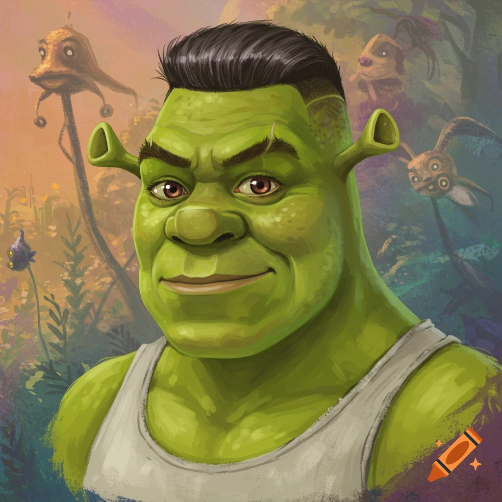 Shrek with a low taper fade haircut in a forest with strange creatures.