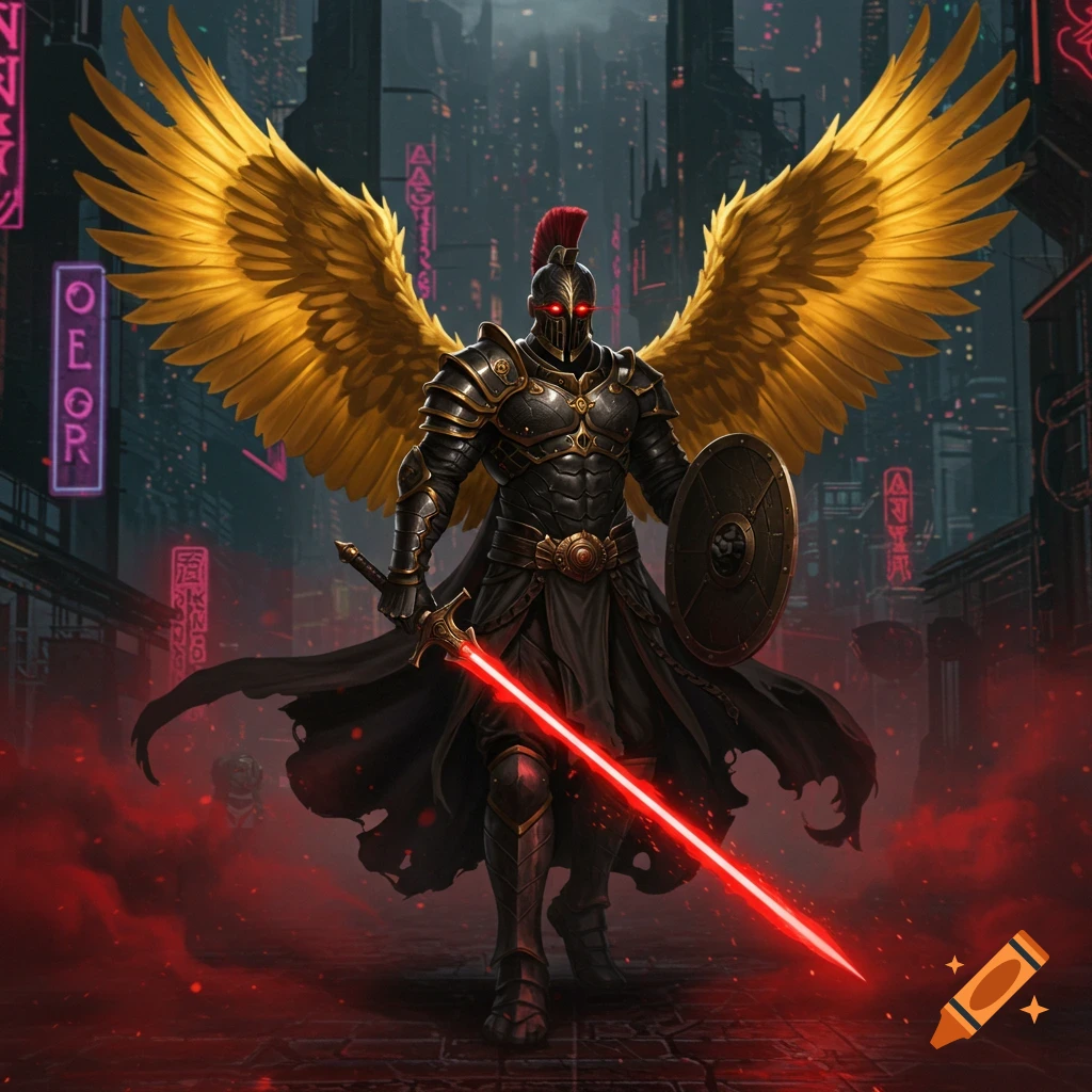 A black armored gladiator with gold wings, red eyes, and a red glowing laser sword and shield stands in a dark cyberpunk city.
