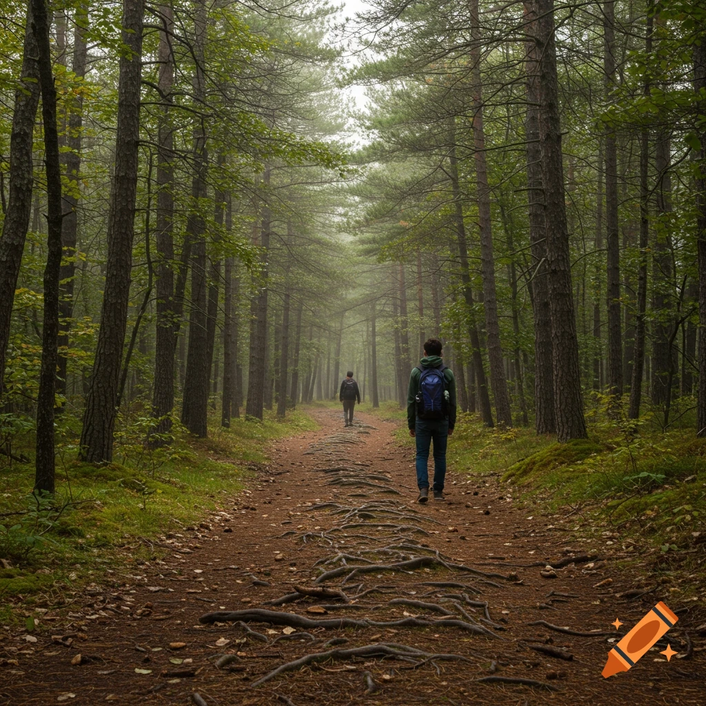 Two people walk along a path winding through a dense forest in a photorealistic style.