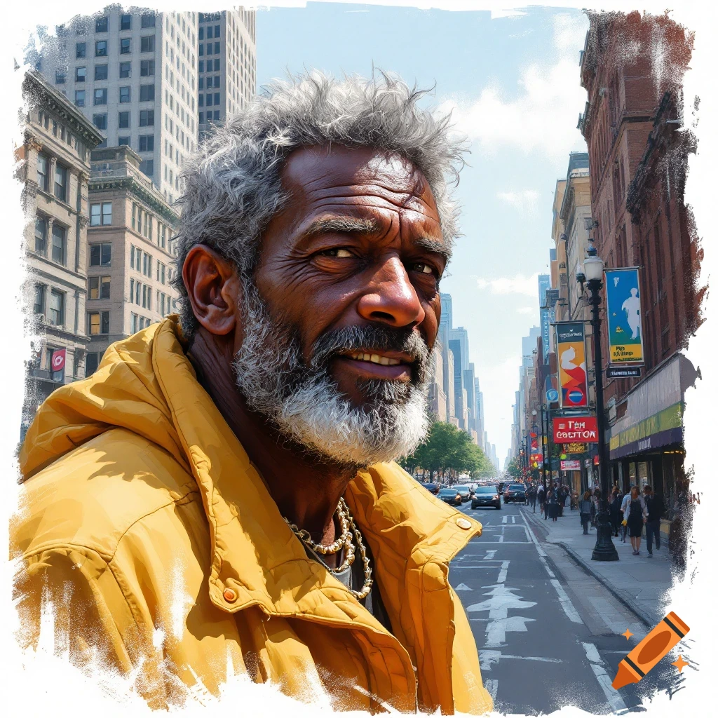 A close-up of an older man with gray hair and beard in a yellow jacket on a city street.