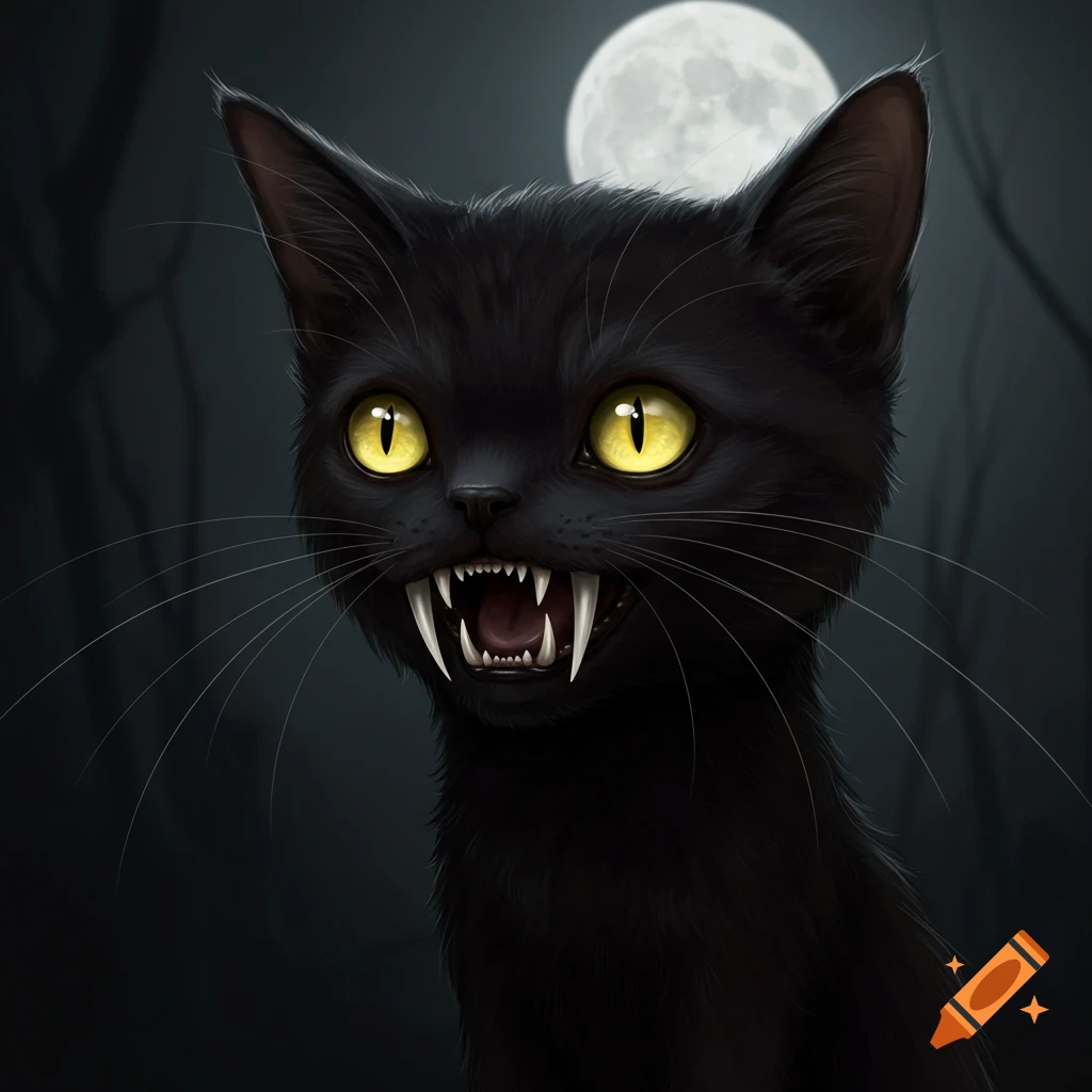 A black cat with large fangs and yellow eyes, set against a dark forest background under a full moon.