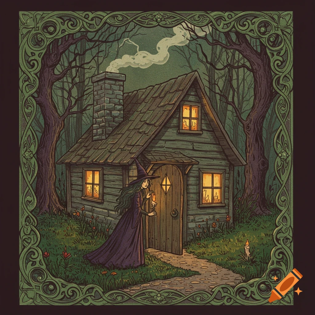 A witch stands in the doorway of a cabin in a dark forest, in the style of an old Halloween illustration with a decorative border.