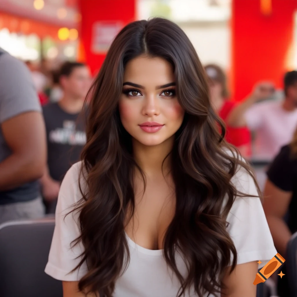 Portrait of a woman with long wavy hair wearing a white t-shirt looking at the camera.