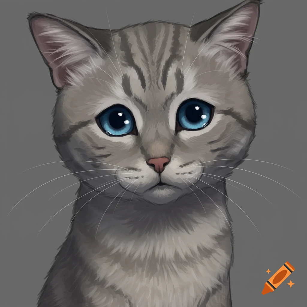 Close-up of an animated gray tabby cat with big blue eyes looking sad.