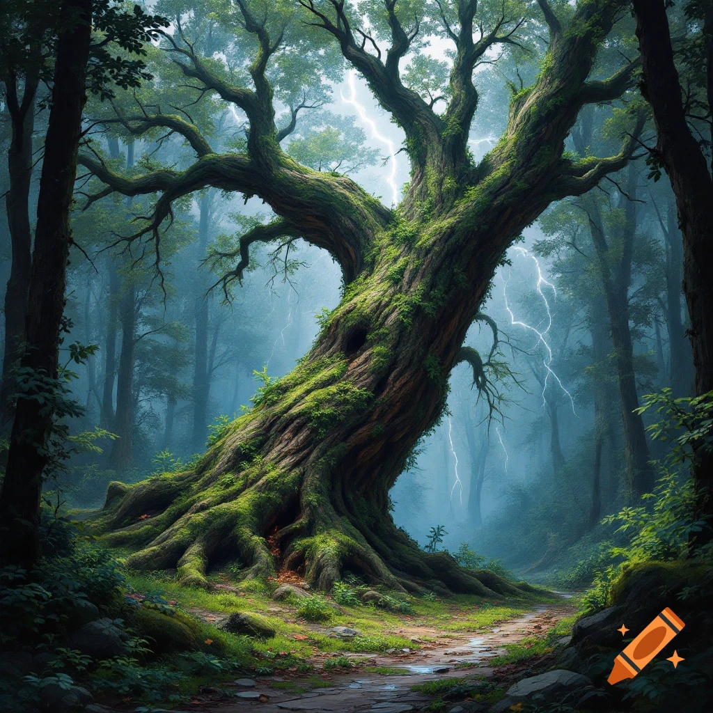 A large, ancient tree covered in moss stands beside a path in a misty forest, with lightning striking in the background.