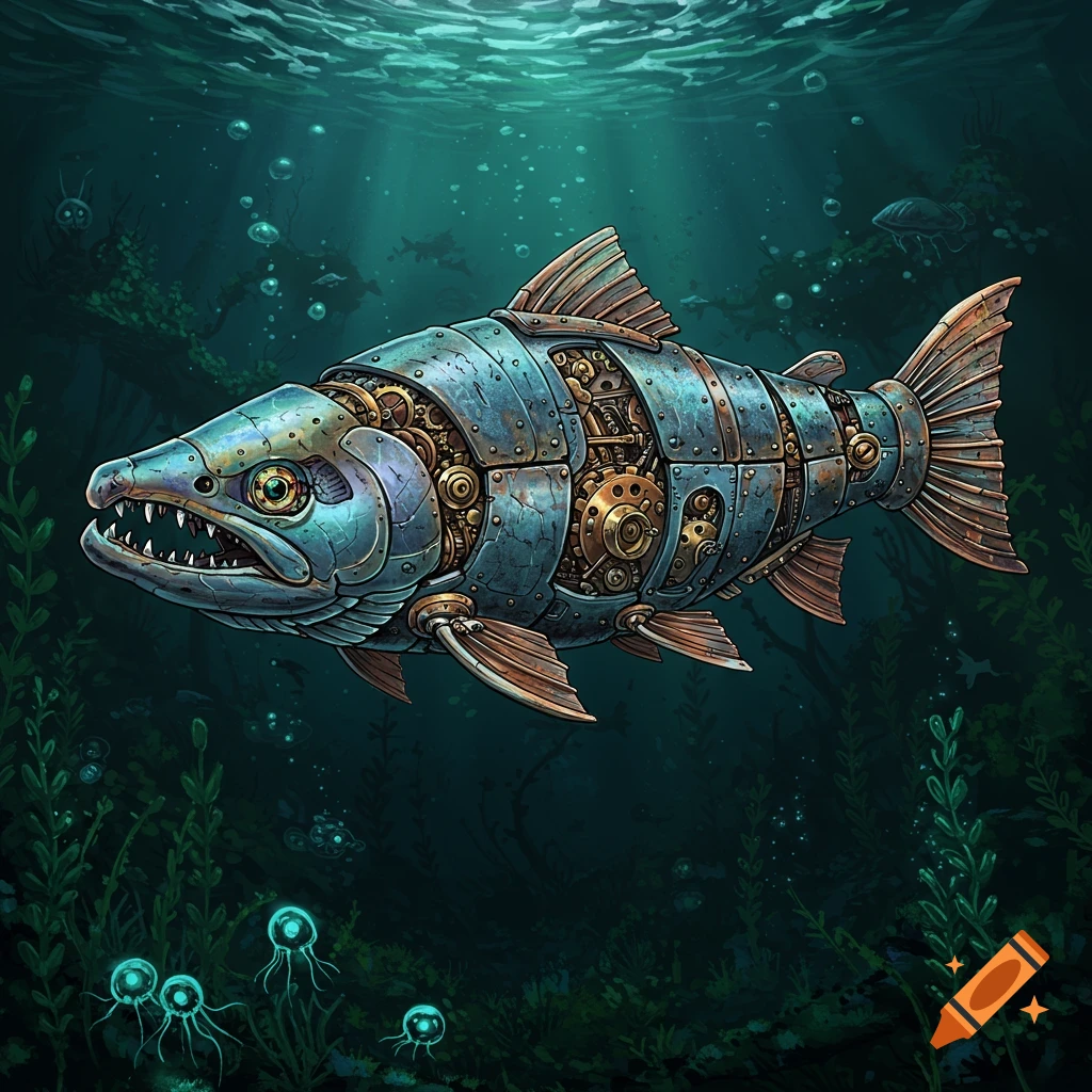 A detailed image of a mechanical salmon swimming underwater among plants and bubbles.