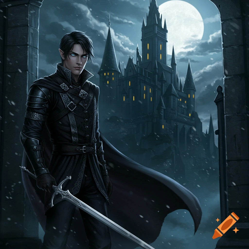 Dark fantasy character with a sword standing in front of a castle at night.