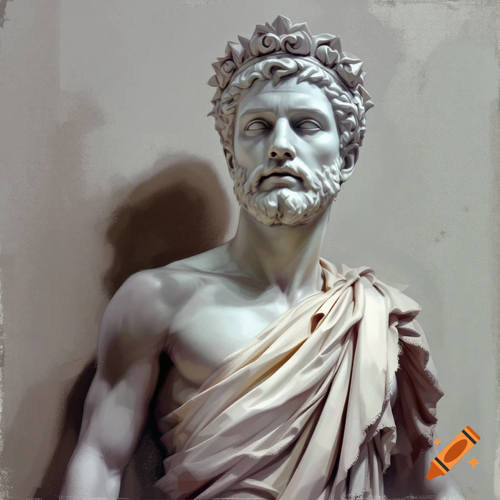 A classical marble bust of a bearded man with a crown and draped cloth.
