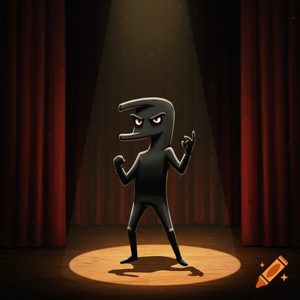 A stylized black character with a long nose and angry eyes stands under a spotlight on a stage with red curtains.