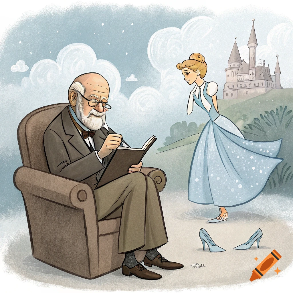 Cartoon illustration of Sigmund Freud analyzing Cinderella, who stands looking upset with her lost glass slippers beside her.