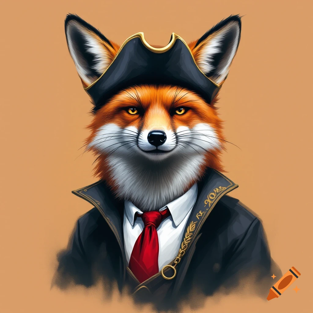 A fox wearing a pirate hat, suit, shirt, and red tie.