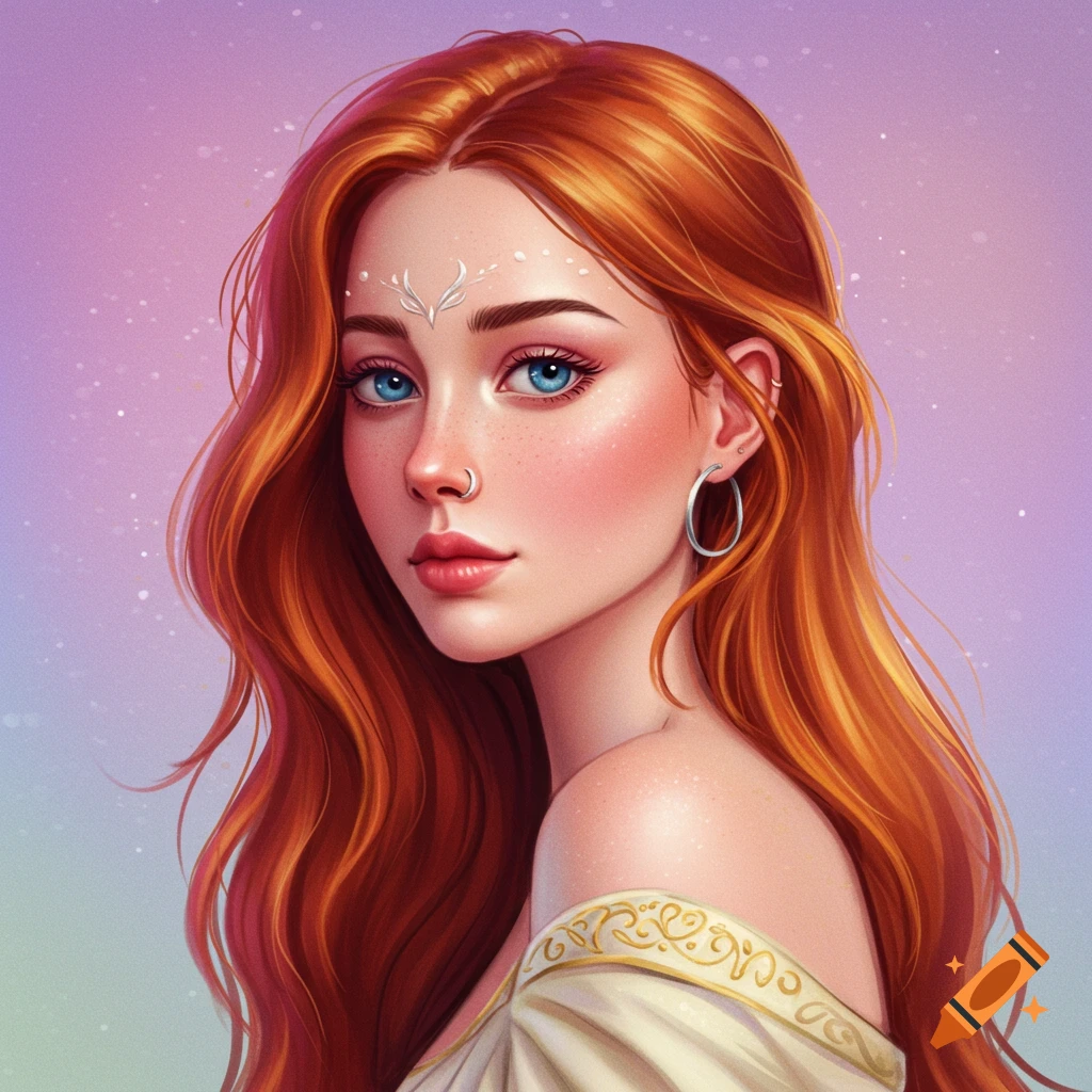 A young woman with long red hair, blue eyes, and a nose ring