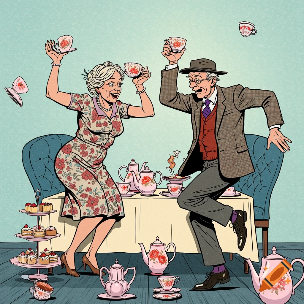 Illustration of an elderly couple 'crump dancing' with tea cups, surrounded by tea items and pastries.