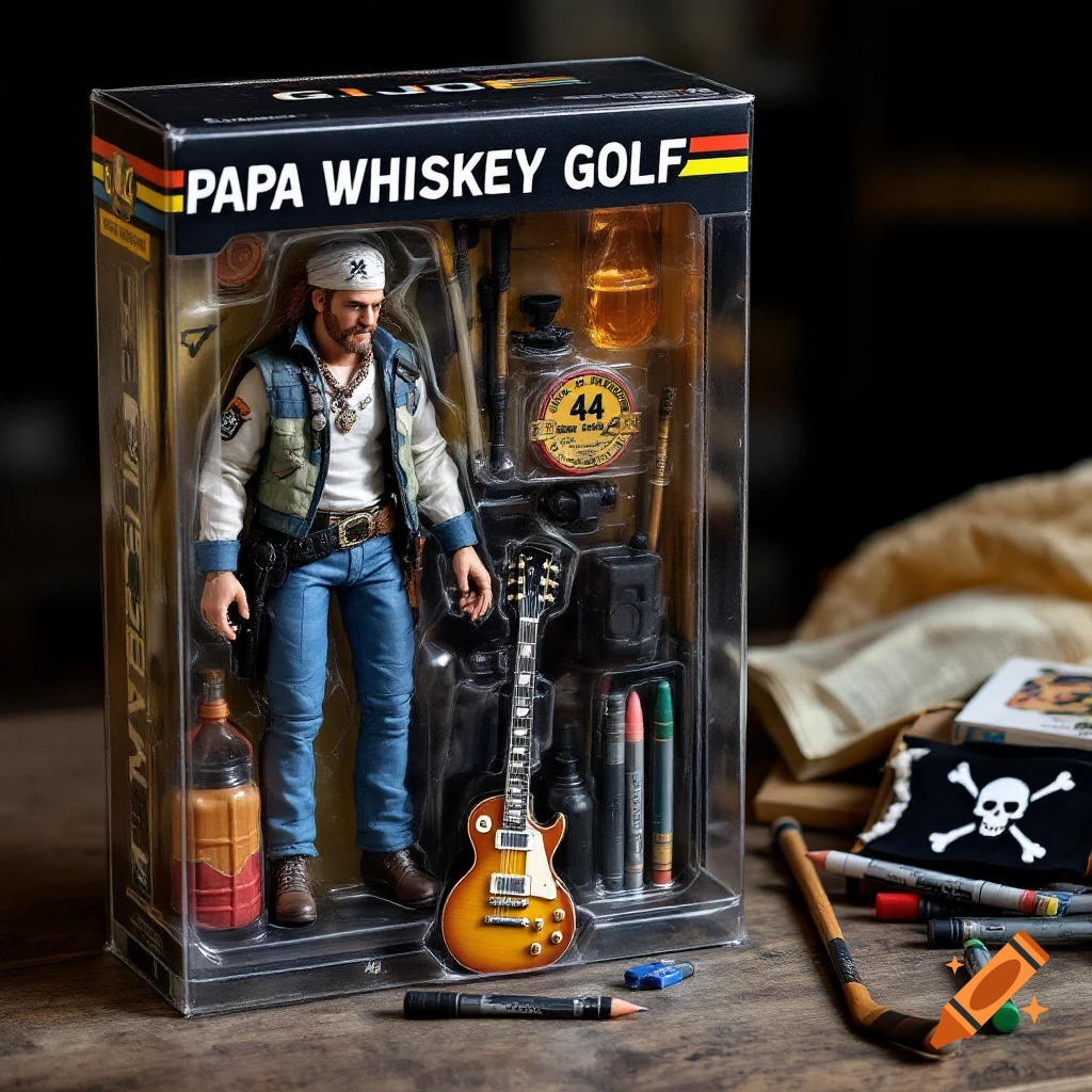 A realistic action figure in clear plastic packaging, with accessories like a guitar and pencils.