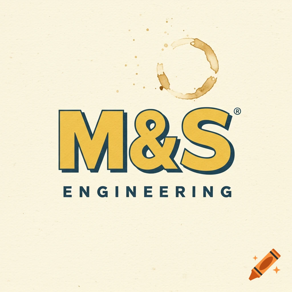 Logo for M&S ENGINEERING with a coffee stain ring and splatter on a textured background.
