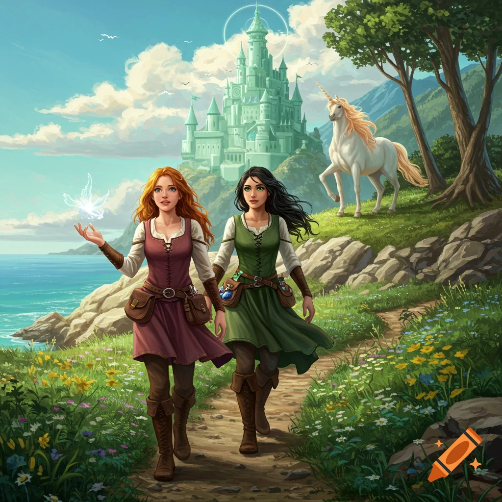 Two young women walk on a path overlooking the sea towards a castle, with a unicorn nearby in a fantasy landscape.