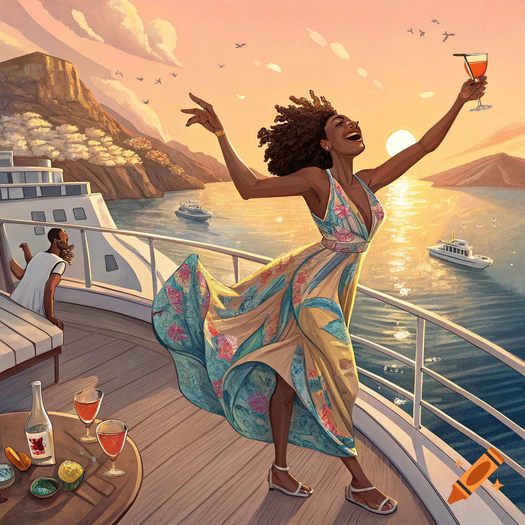 Illustration of a woman dancing on a yacht deck at sunset, holding a drink aloft.