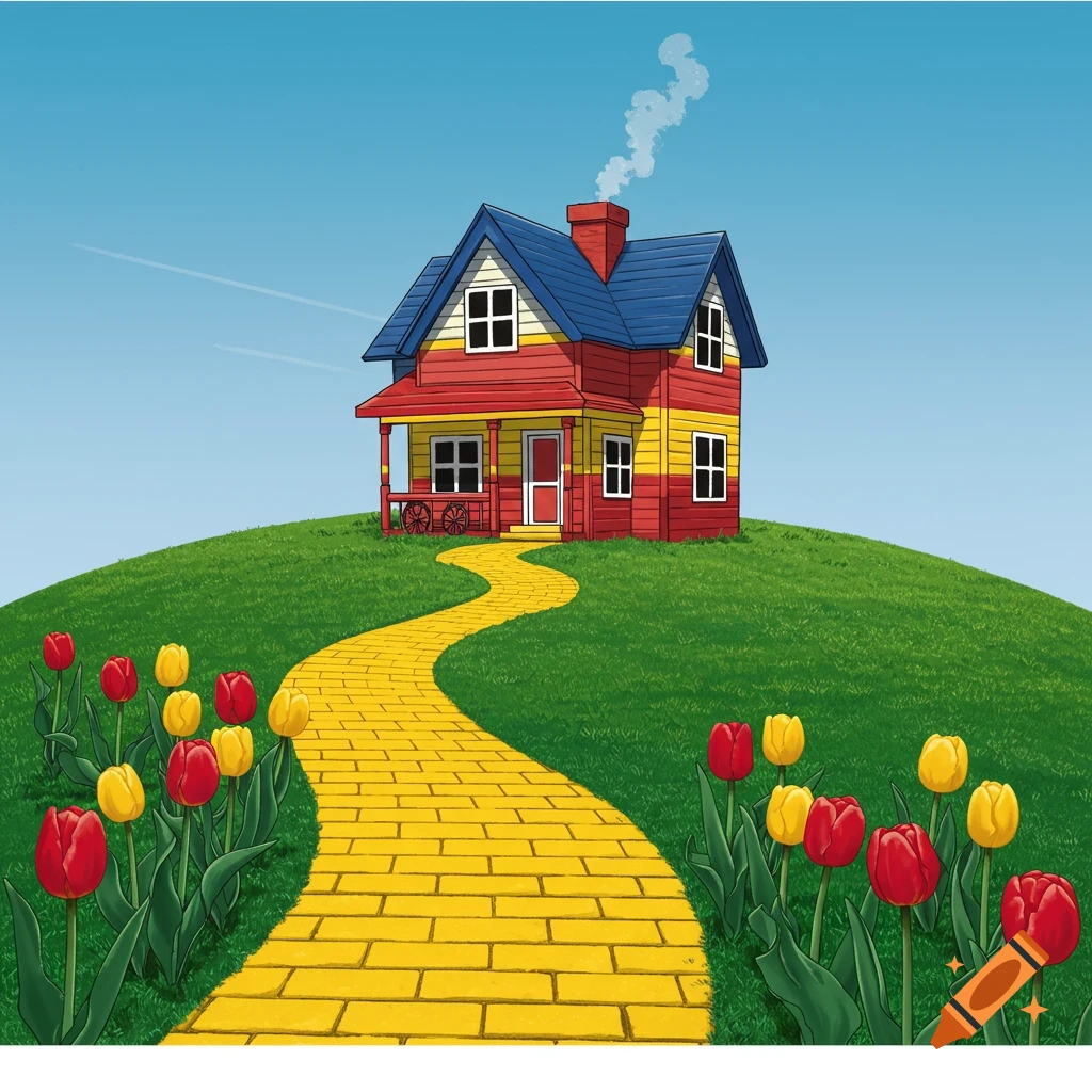 A colorful house on a green hill with a yellow brick road leading to it, surrounded by red and yellow tulips. Pop art style.
