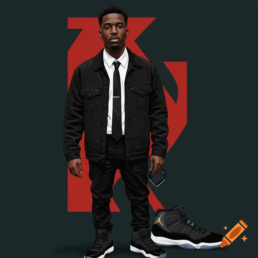 A man is wearing a black jean jacket, tie, and black jeans with two pairs of Jordan sneakers.