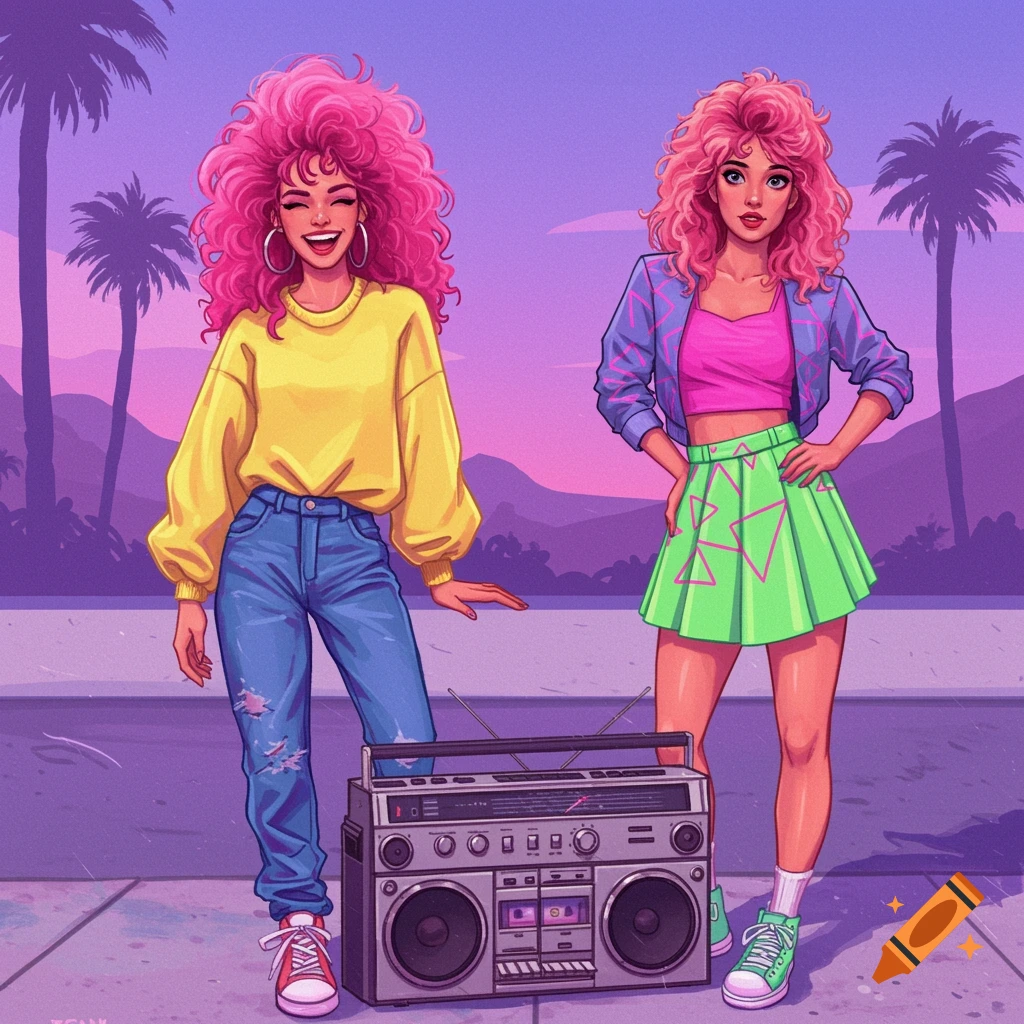 Two women in vibrant 80s fashion with a boombox and palm trees.