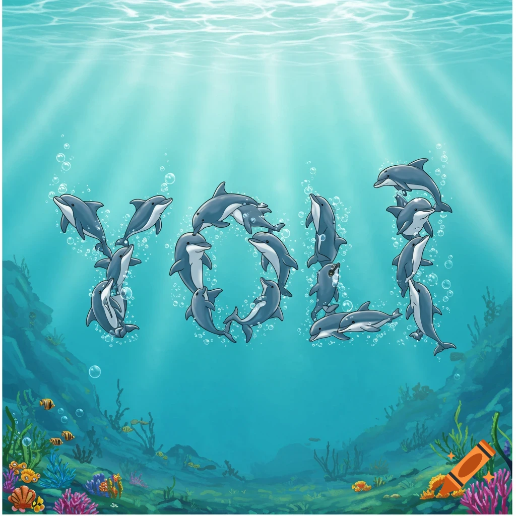 Dolphins arranged underwater spell out the word Yoli.