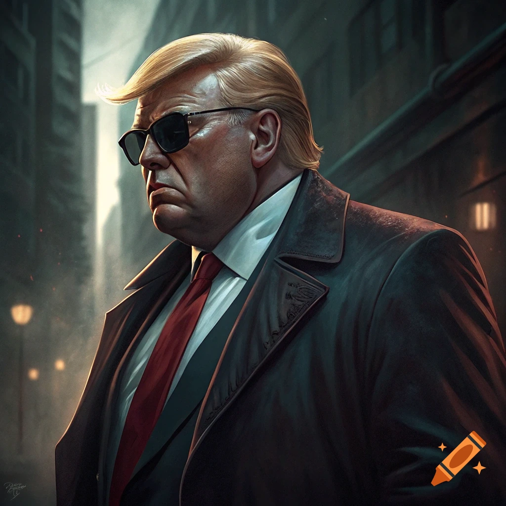 Stylized portrait of Donald Trump in sunglasses and coat on a city street, resembling a comic book character.