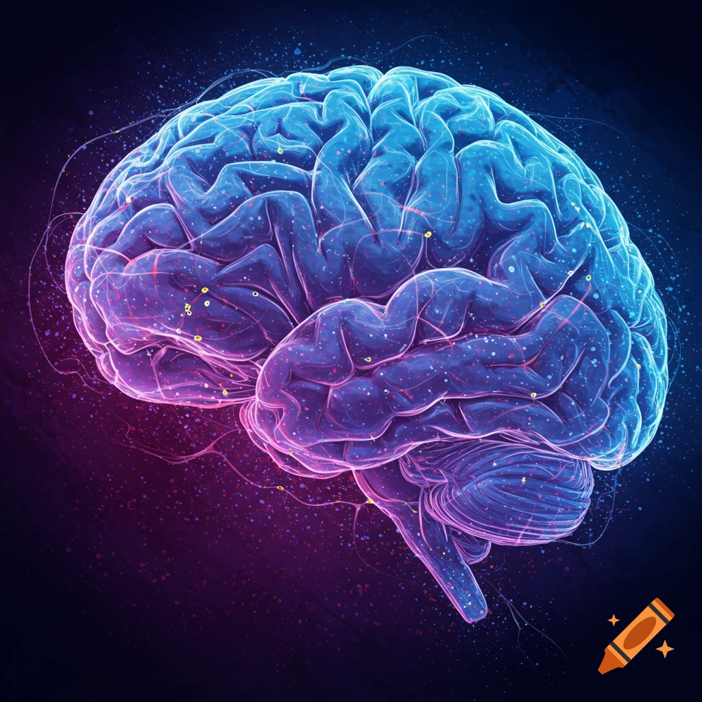 A glowing blue and pink brain, representing a neurological matrix.