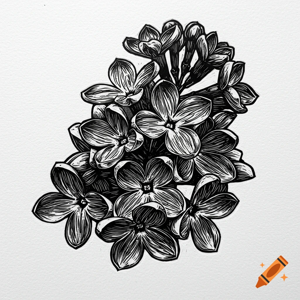 Black and white linocut illustration of a cluster of lilac flowers.