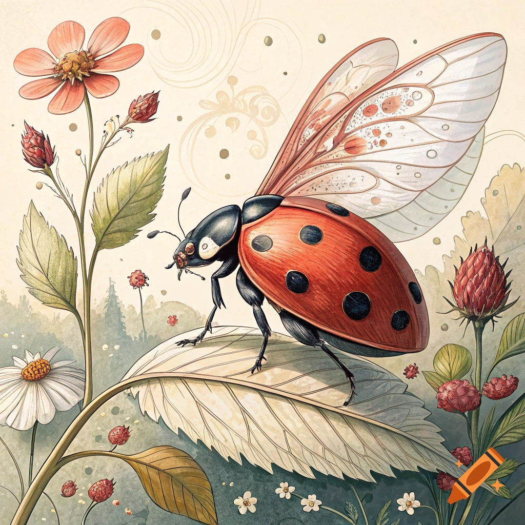 Ink illustration of a ladybug with spread wings perched on a leaf among flowers