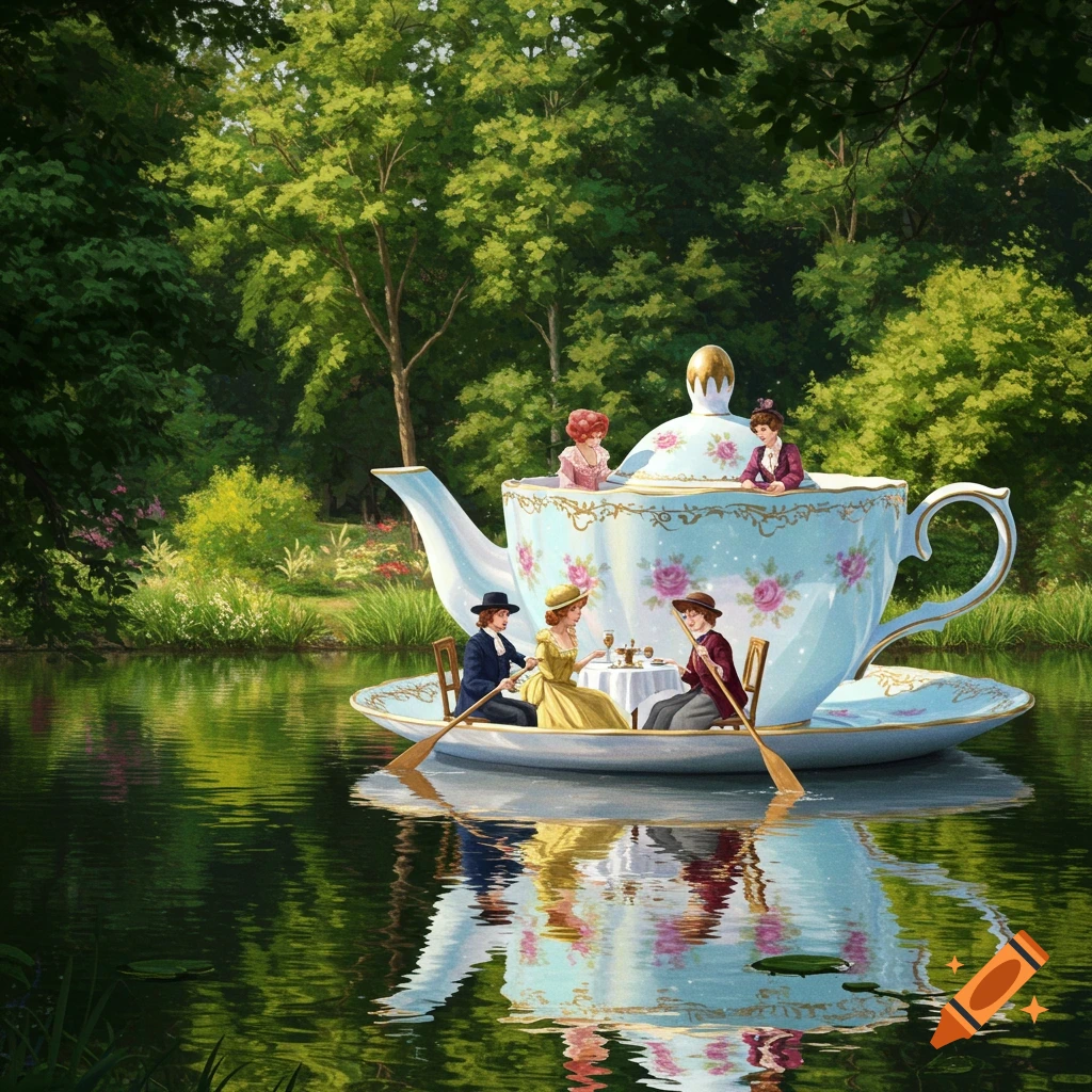 People are riding in a giant teacup boat on a lake.